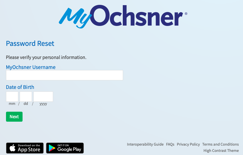 MyOchsner password reset page