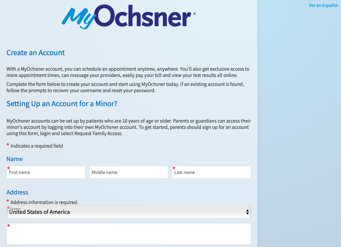 MyOchsner registration without an activation code