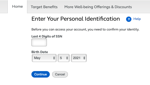 TargetPayandBenefits Identity Confirmation page