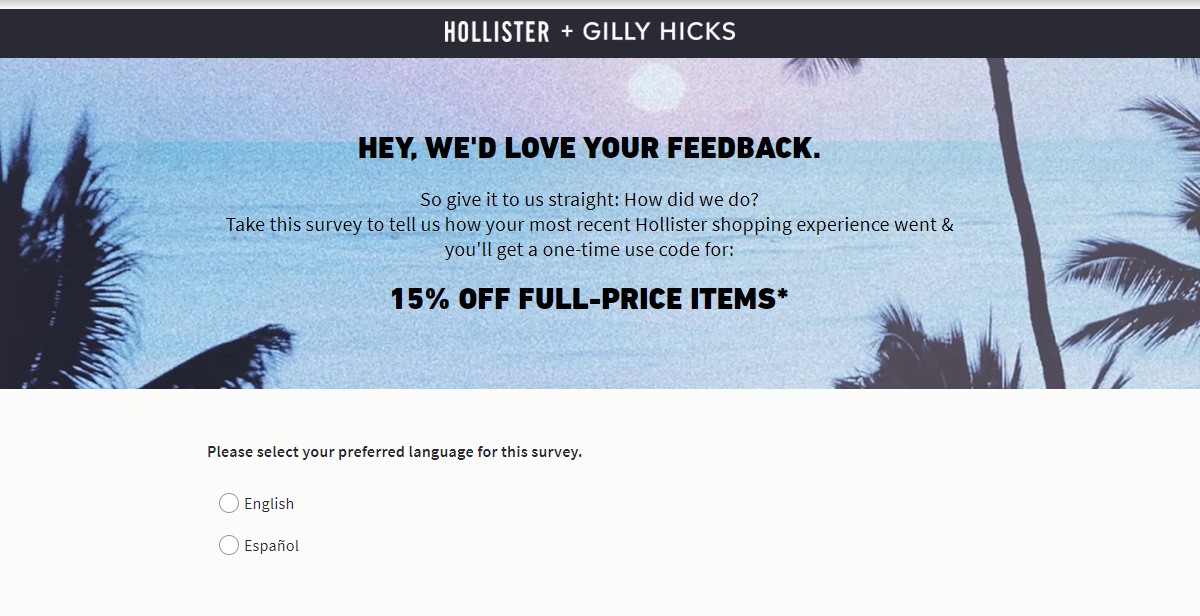 Hollister Survey at www.TellHCO.com - Receive 15% OFF Coupon Code