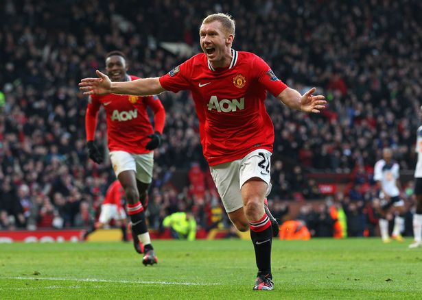 Jaap Stam's five-a-side team includes two former Man Utd team-mates and Brazil icon Paul Scholes of Manchester United celebrates after scoring the opening goal during the Barclays Premier League match between Manchester United and Bolton Wanderers at Old Trafford